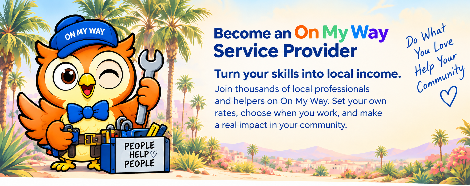 Become an On My Way Service Provider — turn your skills into local income.